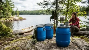 Using the flat lid of a 30L canoe barrel as a surface for a camping stove at a lakeside camp.