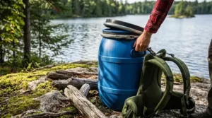 Person adjusting the harness on a 30L blue canoe barrel by a lake.