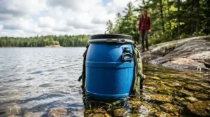 A 30L canoe barrel partially submerged in clear, shallow lakeside water to demonstrate its waterproof nature.