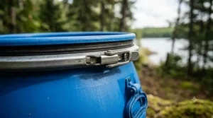 Close-up of a 30L barrel lid featuring a metal locking ring labeled waterproof.