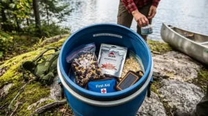 Inside view of a 30L canoe barrel filled with organized food bags, dehydrated meals, and a first aid kit.