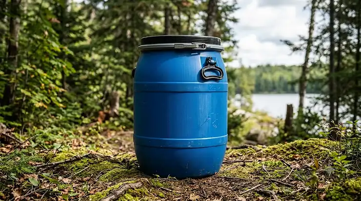 Side view of a 30L blue canoe barrel sitting on a mossy rock in the wilderness. 30L canoe barrel