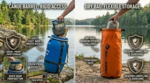 Illustration comparing quick access to items in a wide-mouth barrel versus a deep dry bag.