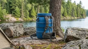 Sturdy, animal-resistant 60L canoe barrel stored at a rugged Canadian wilderness campsite.