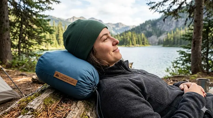 A person resting on a compressible camping pillow in a Canadian forest setting.