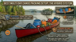 Visual guide to using a hybrid system of dry bags for sleeping gear and barrels for food.