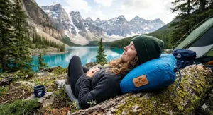 Camper relaxing in a tent with a soft, compressible camping pillow.