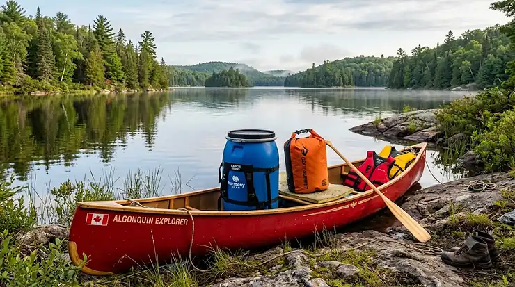 Canoe resting on a rocky Canadian shore, comparing barrel and dry bag packing styles. canoe barrel vs dry bag