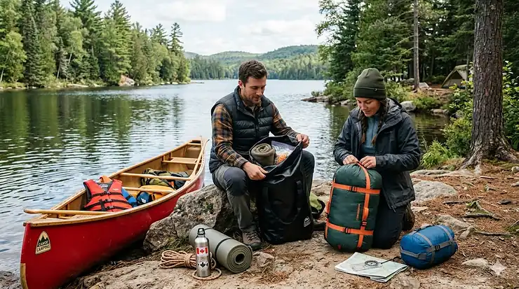 Person packing gear for canoe camping using compression and regular dry bags. compression dry bag vs regular dry bag canoe camping