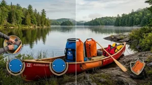 Illustration showing how a dry bag conforms to a canoe hull versus a rigid barrel.