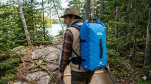 Comfortable shoulder straps on a 60L dry bag for portaging.