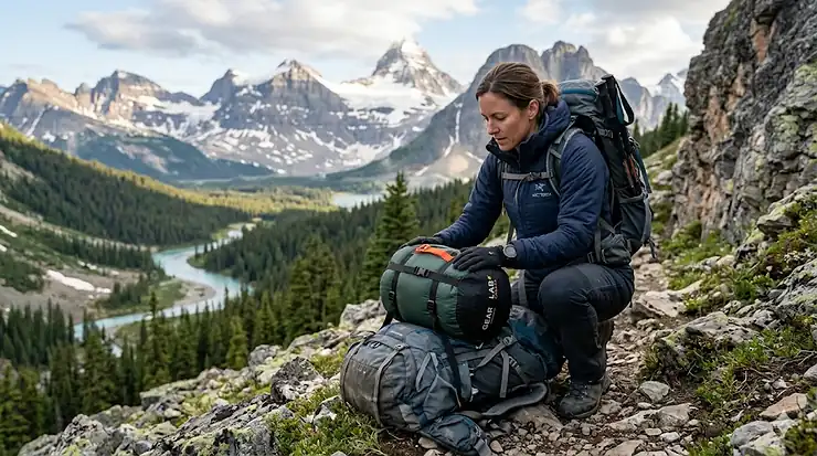 Compression dry bag for sleeping bag in Canadian wilderness. | Sac de compression étanche pour sac de couchage dans la nature canadienne.