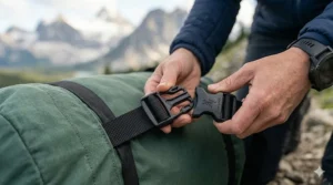 Detail of the durable buckle on a compression dry bag. | Détail de la boucle durable sur un sac de compression étanche.