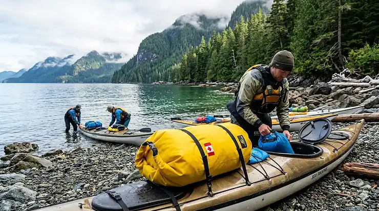 Durable dry bag packed for a multi-day kayak trip in the Canadian wilderness. dry bag for multi-day kayak trip