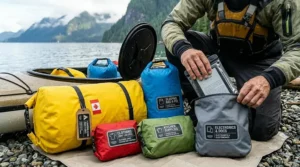 Organized dry bags sorted by gear type for an efficient multi-day kayak expedition.