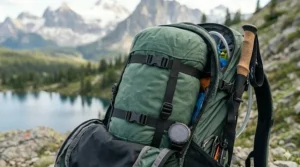 Compression dry bag fitting inside a trekking backpack. | Sac de compression étanche rangé dans un sac à dos de randonnée.