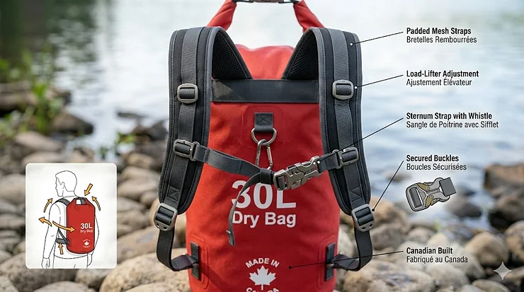 Ergonomic straps on a 30L dry bag for comfortable canoe camping.