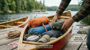 Infographie des tailles de sacs étanches pour différents équipements de camping.