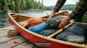 Sacs étanches robustes empilés sur une rive canadienne.