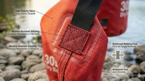 Heavy-duty, ripstop fabric detail of a 30L dry bag for canoe camping.