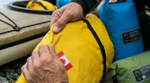 Texture detail of heavy-duty, puncture-resistant material used in premium kayak dry bags.