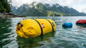 Illustration showing a sealed dry bag floating in water to demonstrate its buoyancy.