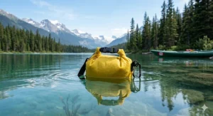 Illustration demonstrating how a small dry bag floats when dropped in water.