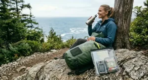 A hiker smiling while adjusting a dry bag before starting a scenic day hike.