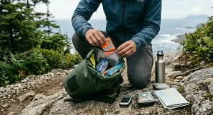 A bright orange dry bag for day hikes sitting on a fallen log in a dense forest.