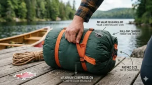 Diagram showing how to compress a sleeping bag in a dry sack.