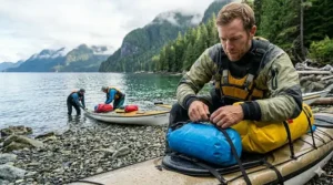 Kayaker securing a small dry bag to the deck rigging for easy access on a lake trip.