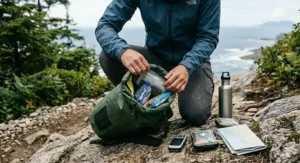 A lightweight dry bag clipped to the outside of a day pack during a hike.