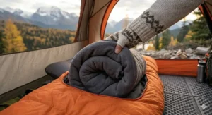 Thermal sleeping bag liner adding extra warmth for cold nights.