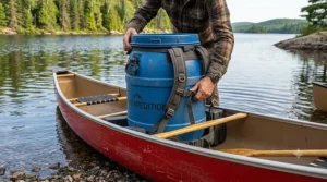 A person lowers a blue 60L canoe barrel with a grey harness into the center of a red canoe by a Canadian lake.