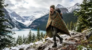 Hiker using a camping blanket for cold weather as a makeshift poncho while hiking in the Canadian Rockies.