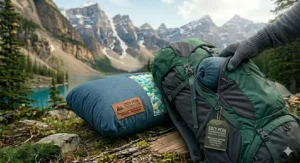 A hand placing the small, compressed pillow into a backpack pocket.