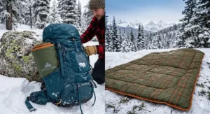Comparison showing a compact camping blanket for cold weather being packed into a Canadian backcountry backpack.