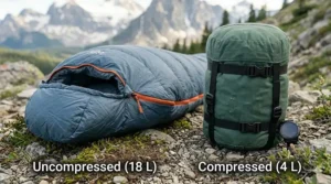 Comparison of an uncompressed vs compressed sleeping bag. | Comparaison d'un sac de couchage non compressé et compressé.