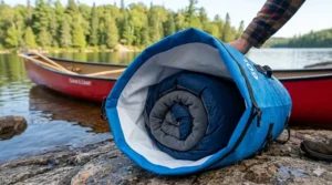 Waterproof storage for sleeping bags in a 60L dry bag.