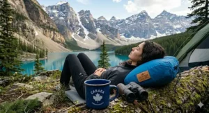 Adjusting the cinch cord on a compressible camping pillow for ideal loft.