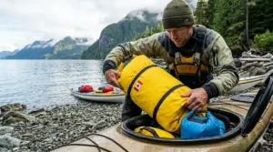 Proper technique for packing dry bags into a kayak hatch for a multi-day excursion.
