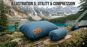 A compressible camping pillow made with recycled foam fill for sustainable camping.