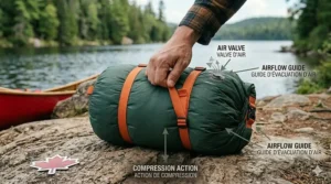 Comparison of lofted vs compressed sleeping bag for canoe storage.