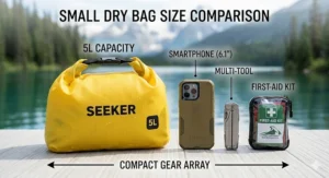 Size comparison chart showing a 5L small dry bag next to common kayaking essentials.