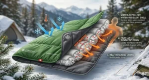 Infographic showing how a camping blanket for cold weather provides thermal layering in sub-zero temperatures.