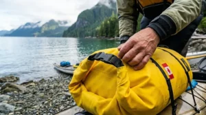 Close-up of a roll-top waterproof closure system on a dry bag for kayak storage.