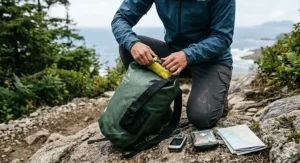 A dry bag for day hike gear resting on a granite rock near a mountain lake.