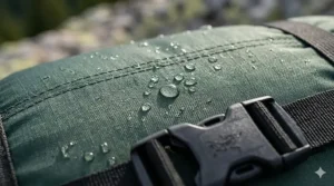 Close-up of waterproof fabric on a compression dry bag. | Gros plan sur le tissu imperméable d'un sac de compression étanche.