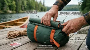 Gros plan sur le système de fermeture par enroulement d'un sac étanche de canot.
