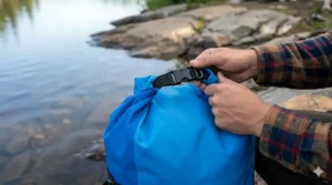 Detailed close-up showing the correct three-roll top seal technique on a 60L dry bag for canoe camping.